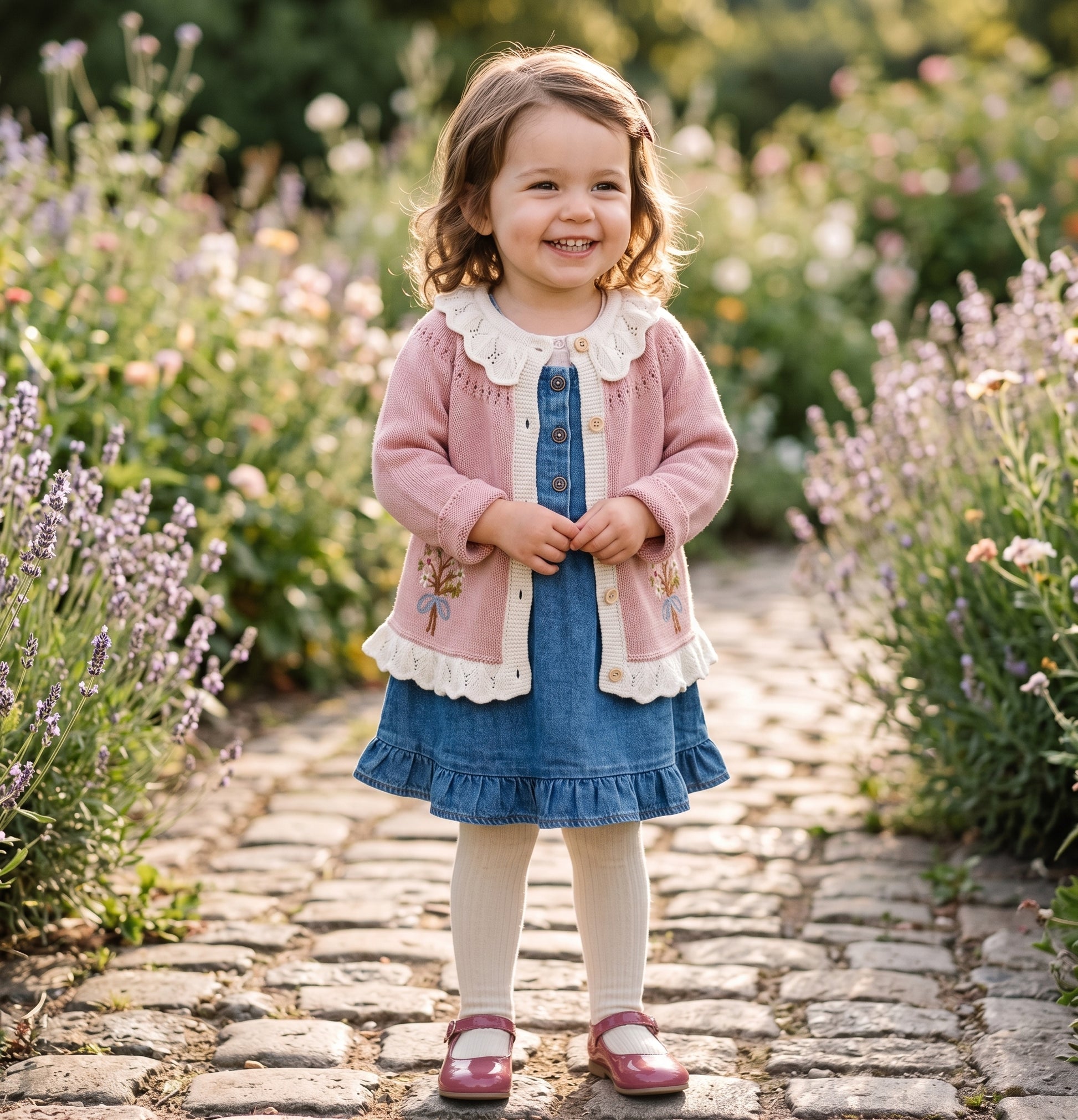 Little girl standing outdoors on a stone path wearing a pink vintage-inspired embroidered cardigan sweater over a blue dress.