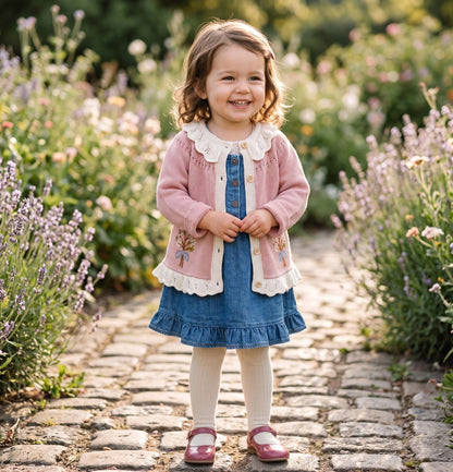 Little girl standing outdoors on a stone path wearing a pink vintage-inspired embroidered cardigan sweater over a blue dress.