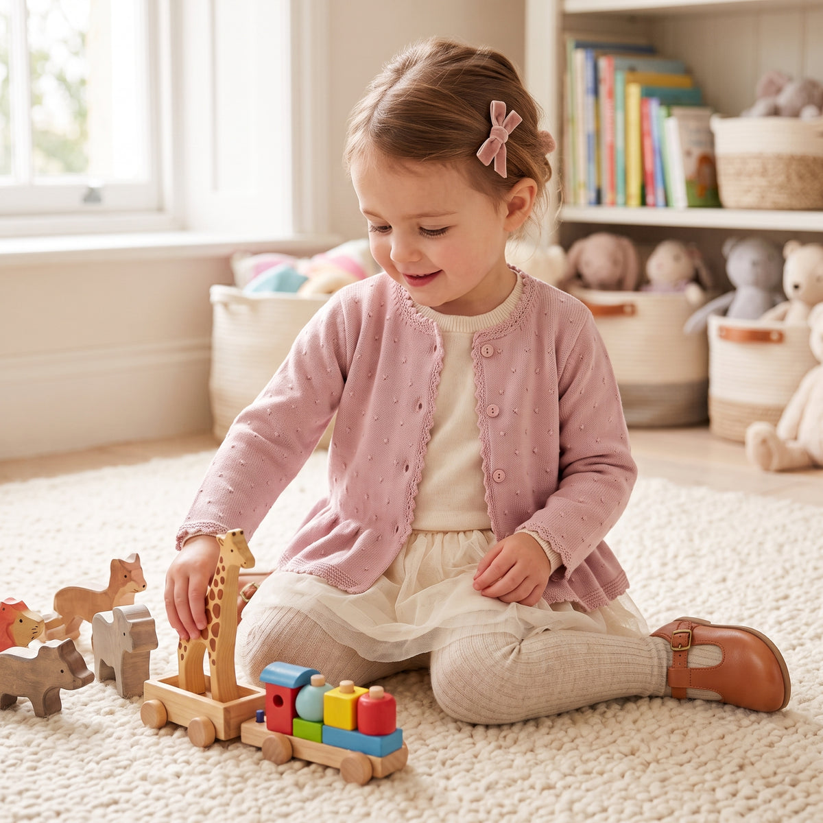 A toddler girl wearing a pink cotton knit ruffle cardigan sweater over a white dress while sitting on a rug and playing with a wooden toy train.