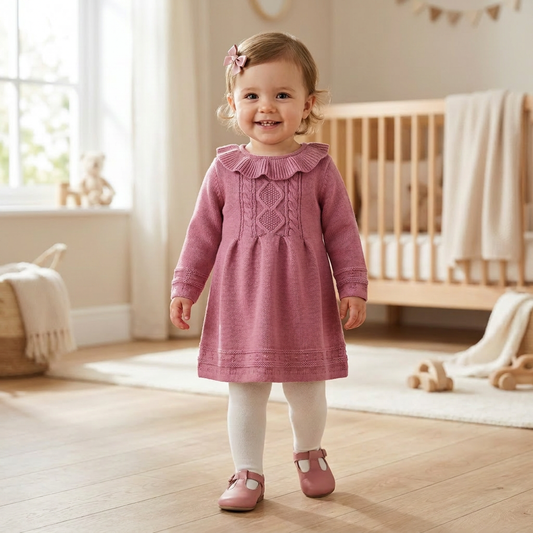 Toddler girl wearing a pink long sleeve knit dress with white tights in a nursery setting.