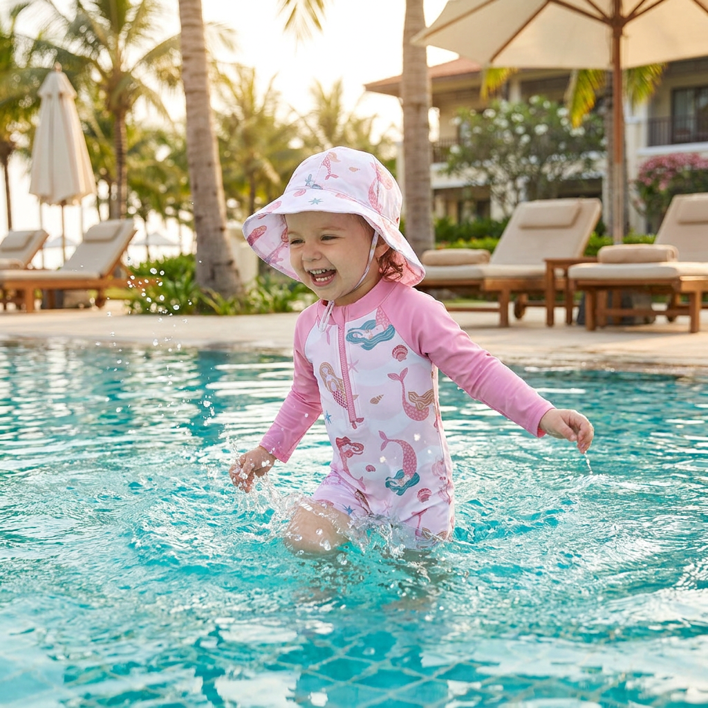 Toddler girl in a pink long sleeve mermaid rash guard swimsuit and sun hat playing in a pool with palm trees and lounge chairs in the background.