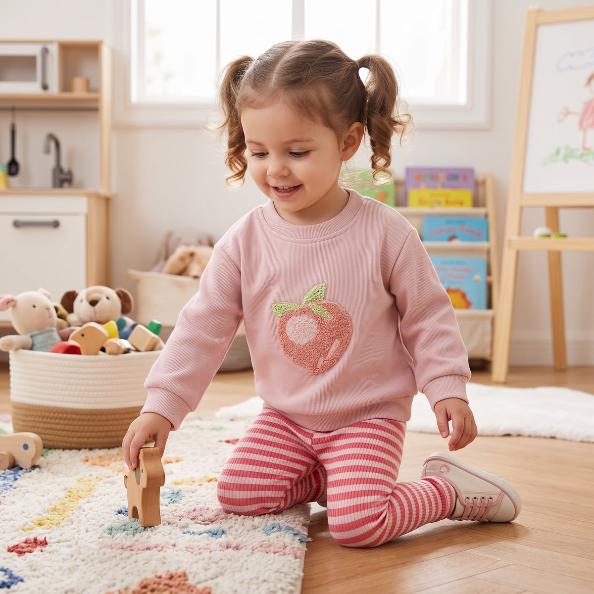 A happy toddler girl playing in a playroom wearing the pink peach pullover sweatshirt and matching striped leggings.