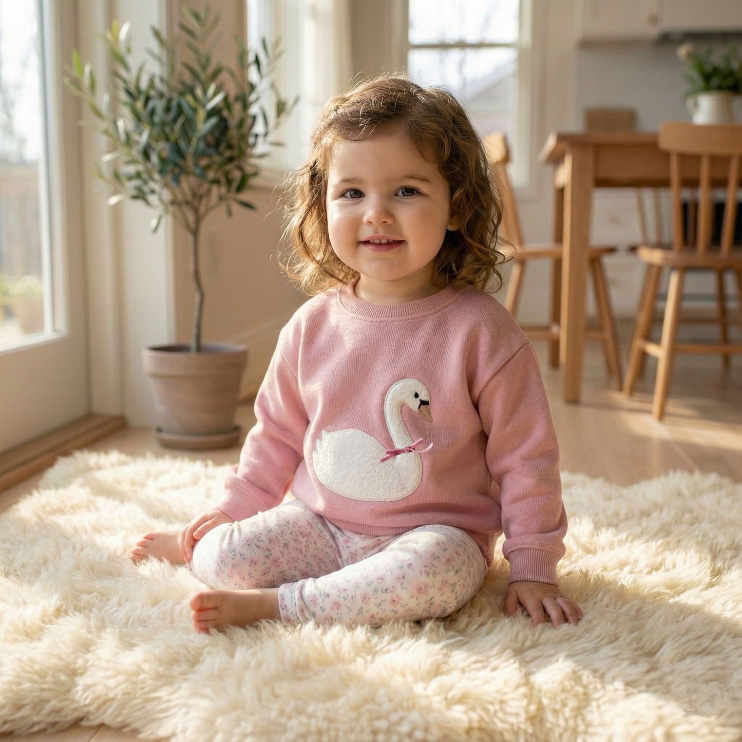 A smiling toddler girl sitting on a fluffy white rug indoors wearing the pink embroidered swan pullover sweatshirt and coordinating floral print pants.