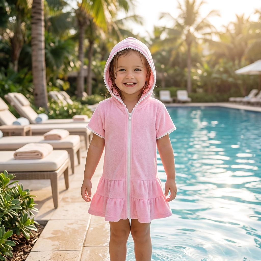 Young girl in a pink hooded towel cover up standing by a pool with palm trees in the background
