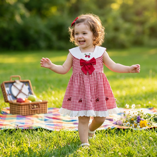 Child in a red checkered dress with a picnic basket and flowers on a grassy field