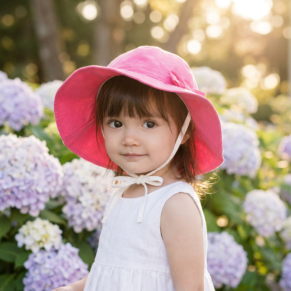A young toddler girl smiling outdoors while wearing the bright rose pink wide brim cotton sun hat.
