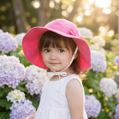 A young toddler girl smiling outdoors while wearing the bright rose pink wide brim cotton sun hat.