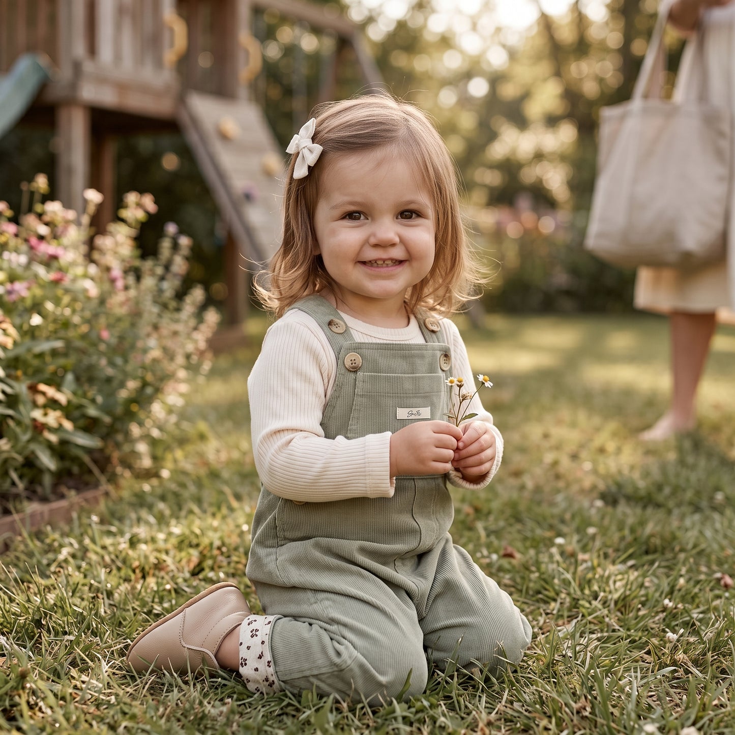 Toddler girl sitting outdoors in a garden wearing sage green corduroy overalls layered over a long-sleeve cream top.