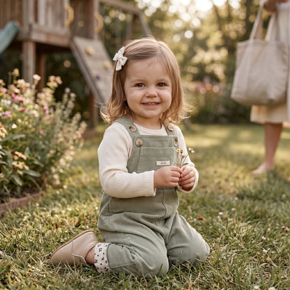 Toddler girl sitting outdoors in a garden wearing sage green corduroy overalls layered over a long-sleeve cream top.
