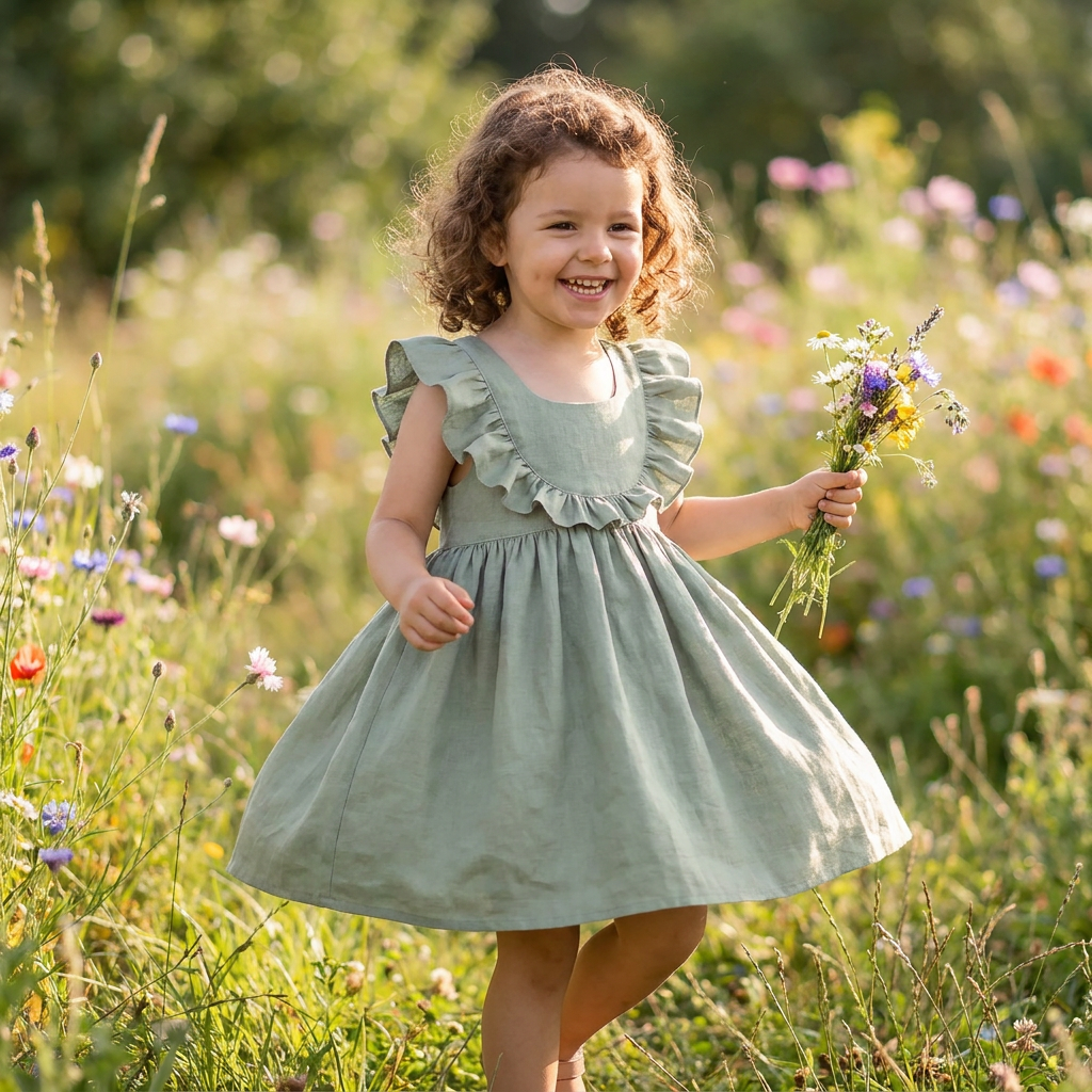 Young girl in a sage green linen cotton apron dress holding flowers in a field of wildflowers