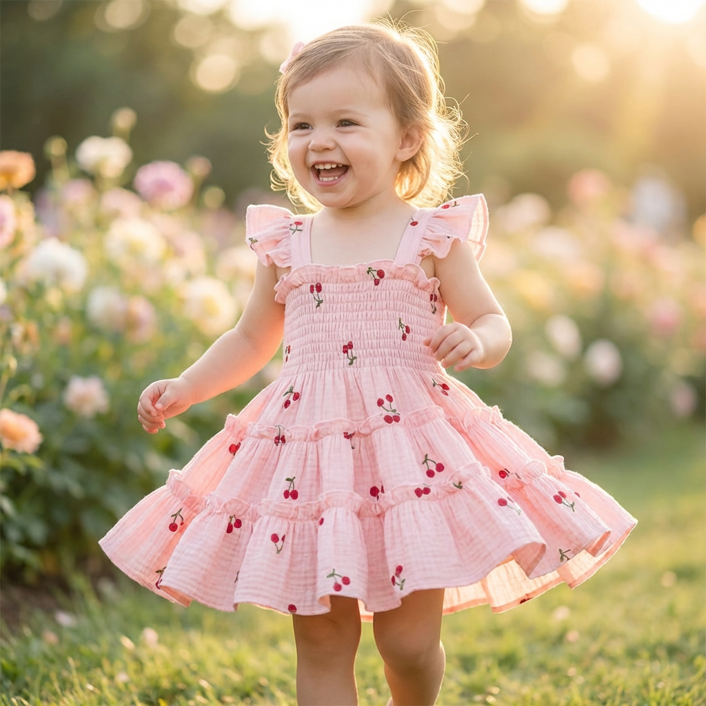 Toddler girl in a smocked pink dress with cherry pattern standing in a garden