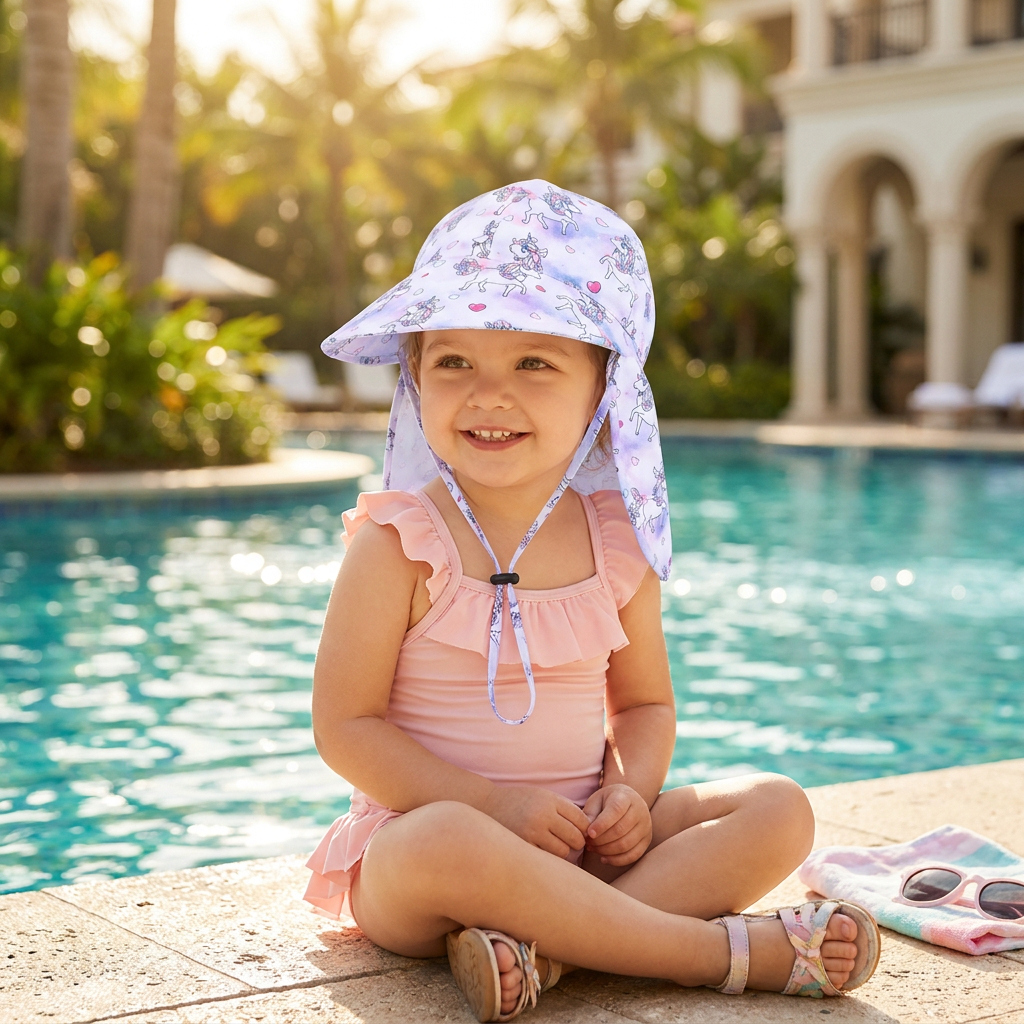 Smiling toddler girl sitting by a swimming pool wearing a purple watercolor unicorn print UV protection sun hat with a neck cover.