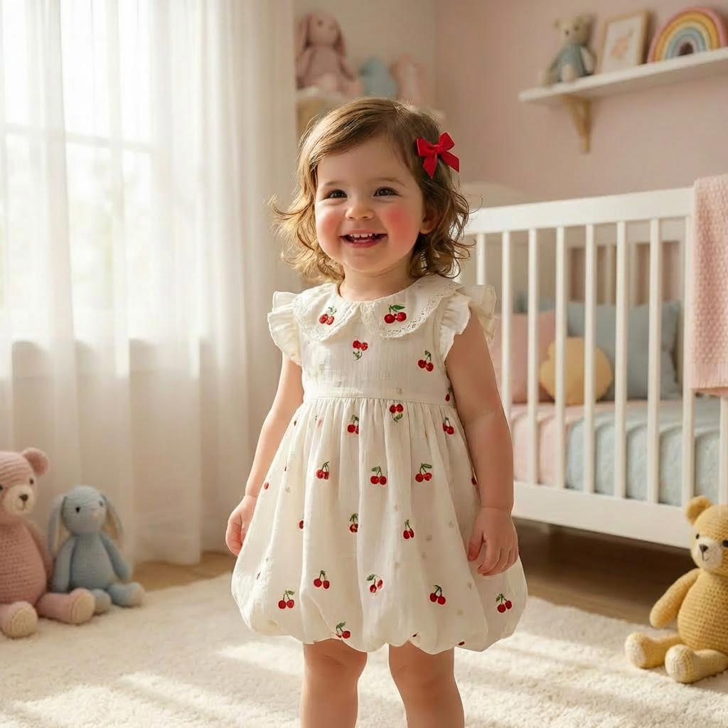 Toddler girl wearing a vintage dress with cherries and a lace peter pan collar