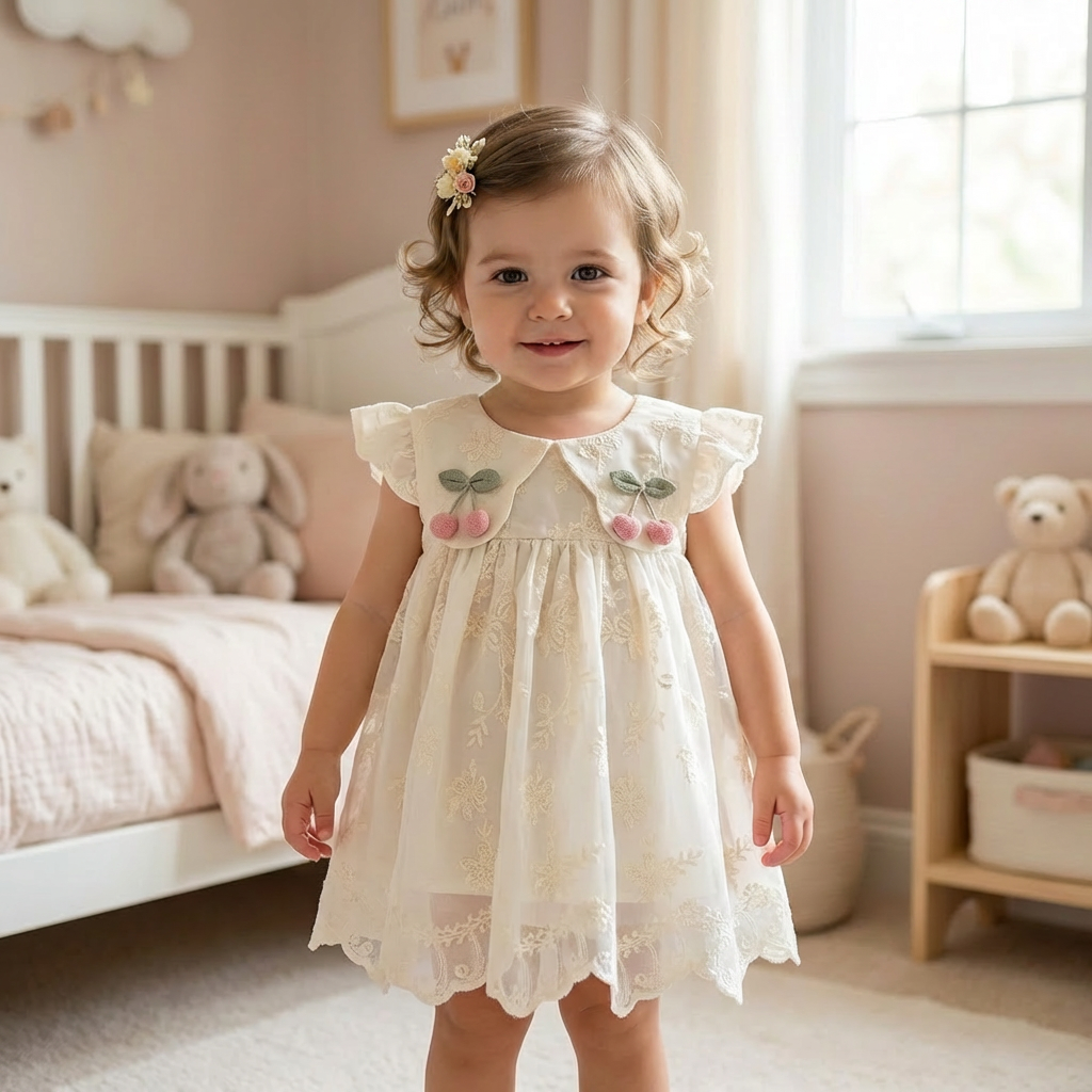 Toddler girl wearing a vintage inspired ivory cream floral embroidered dress with cherry details on collar