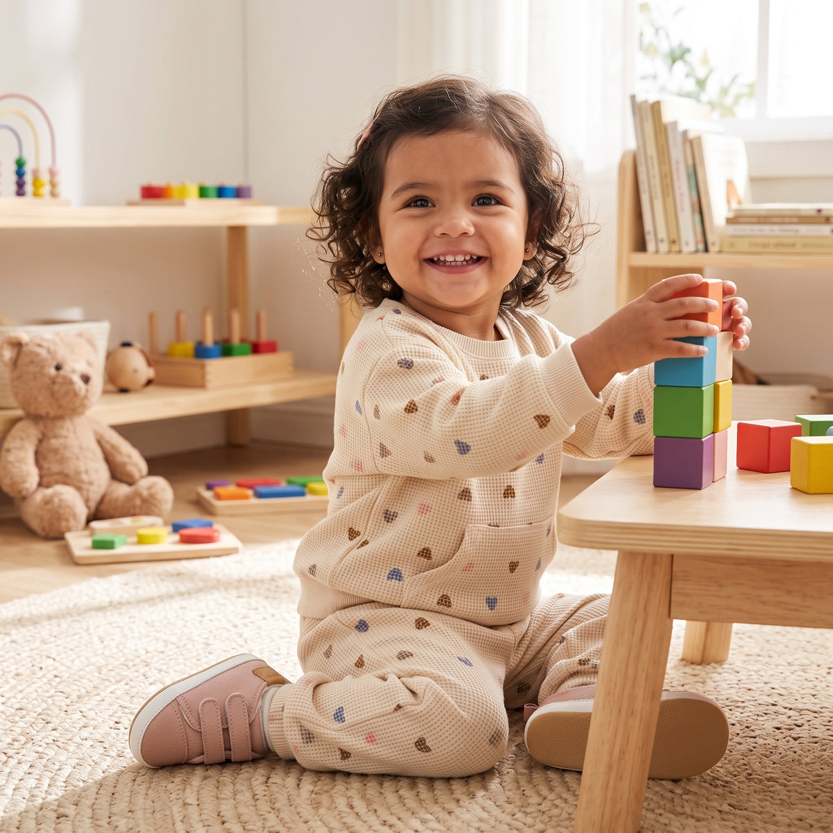 Toddler girl playing with wooden blocks while wearing a cream waffle knit heart print sweatsuit set