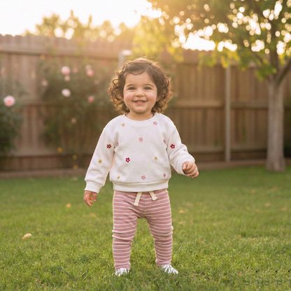 Smiling toddler girl standing outside in a grassy yard wearing the white floral embroidered sweatshirt and pink striped leggings set.