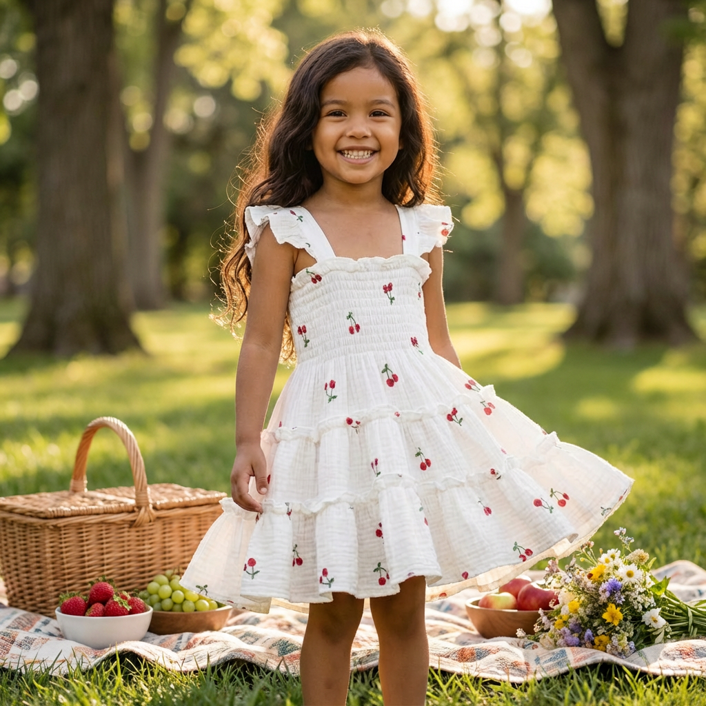 Young girl in a white smocked dress with red cherries standing outdoors on a grassy area with picnic items.