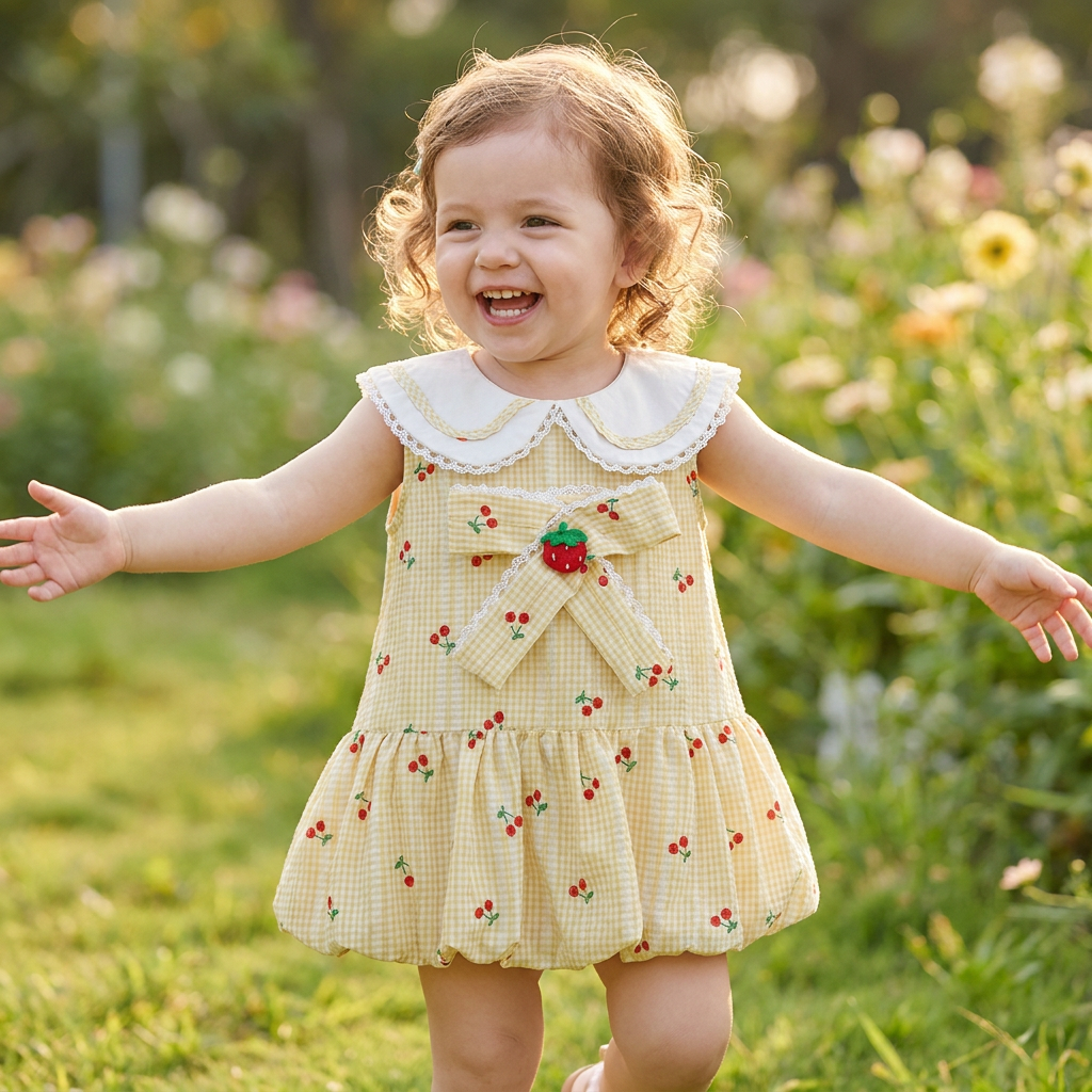 A smiling toddler girl playing outdoors with arms outstretched, wearing the yellow cherry gingham bubble dress.