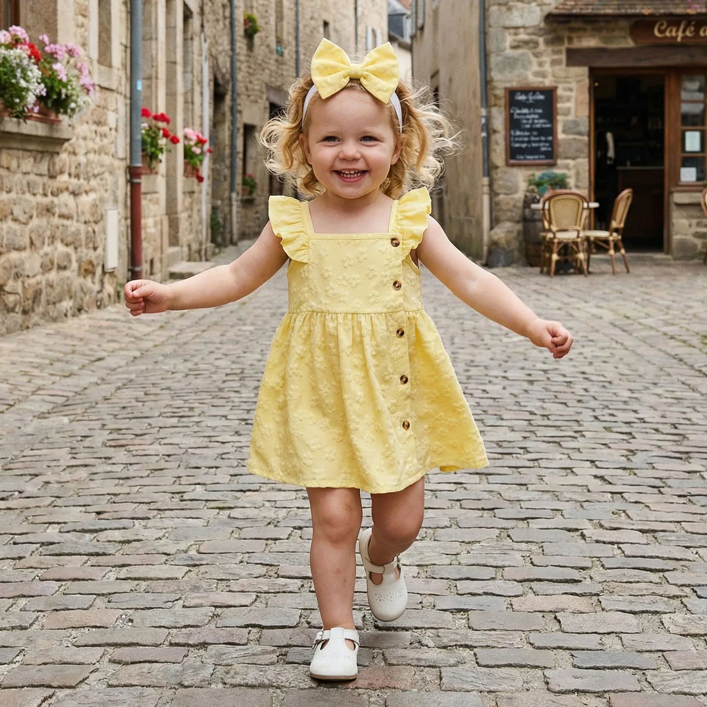 A smiling toddler girl walks down a cobblestone street wearing a soft yellow floral embossed sleeveless dress with a matching bow headband.