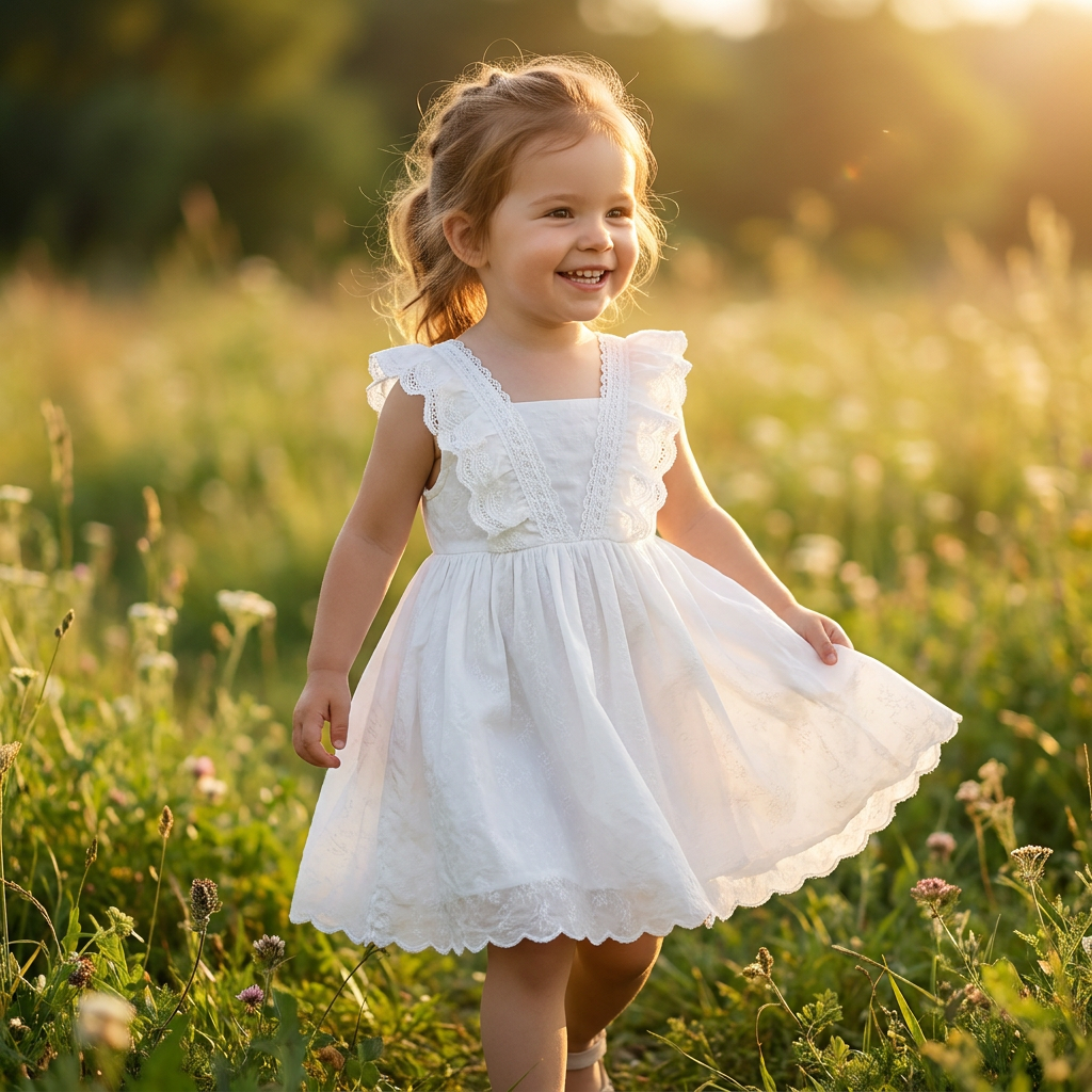 A little girl smiling and twirling in a white lace summer dress with flutter sleeves while walking through a sunny wildflower field at golden hour.