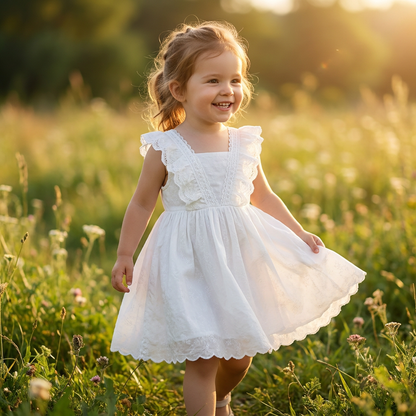 A little girl smiling and twirling in a white lace summer dress with flutter sleeves while walking through a sunny wildflower field at golden hour.