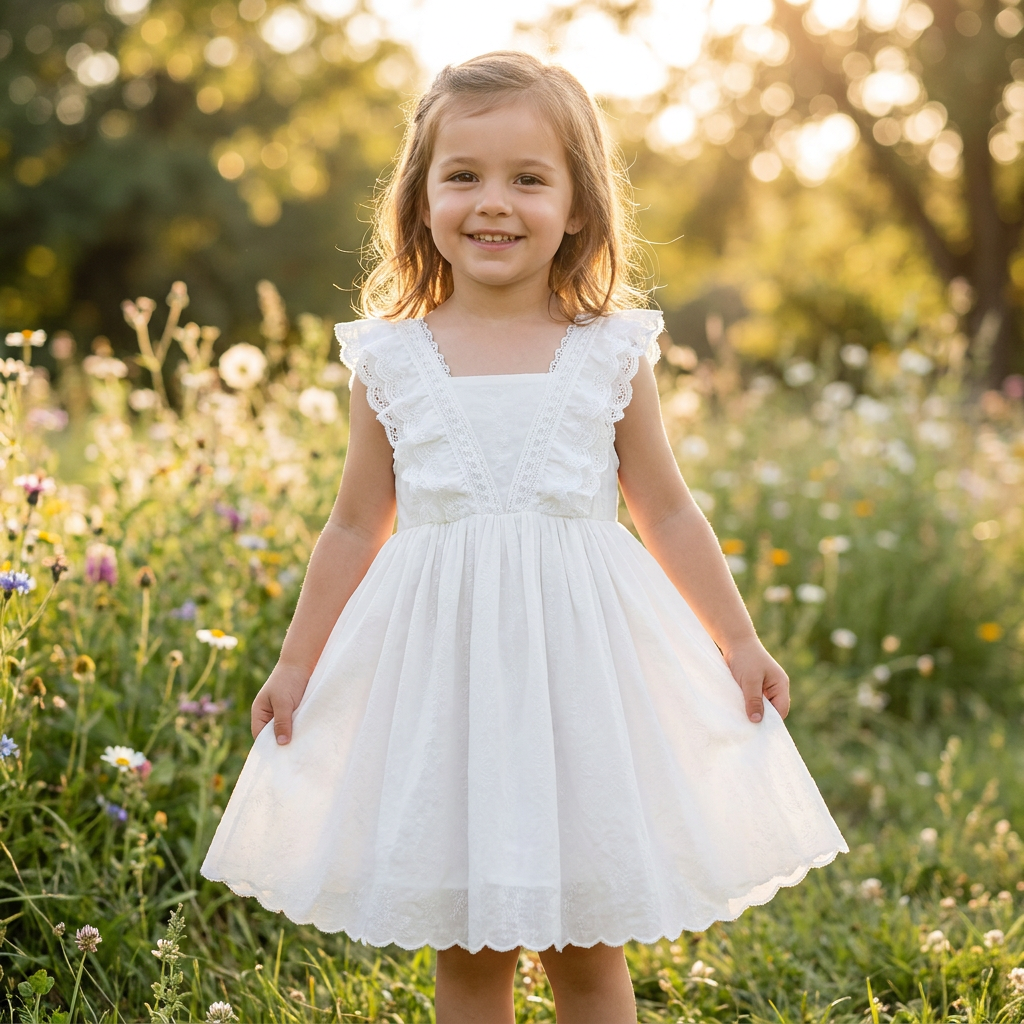 A young smiling girl wearing the white lace princess dress while standing outdoors in a sunny field of wildflowers.