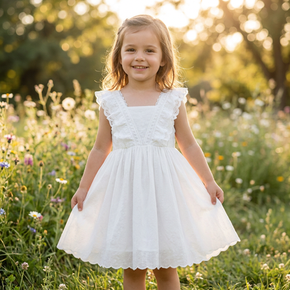 A young smiling girl wearing the white lace princess dress while standing outdoors in a sunny field of wildflowers.