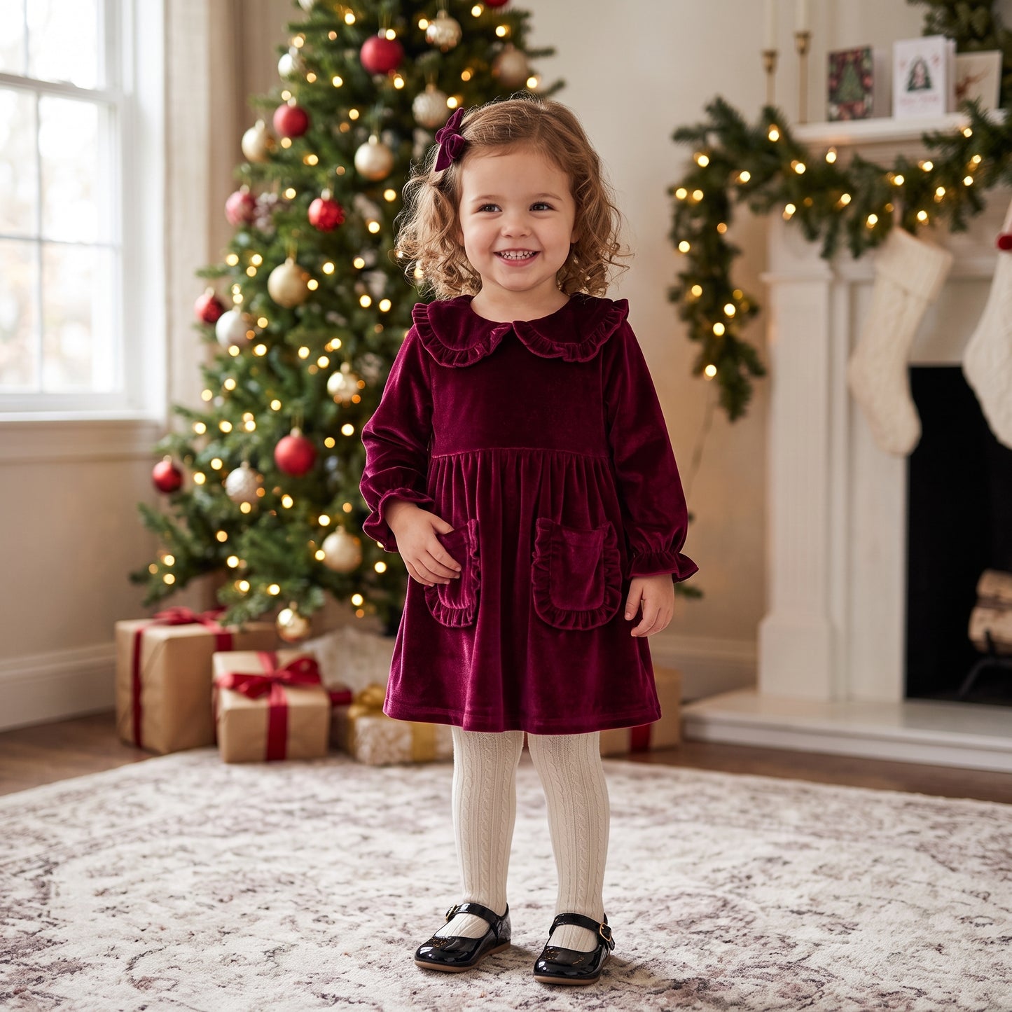 Toddler girl standing in front of a Christmas tree wearing a wine red velvet A-line holiday dress with white tights.