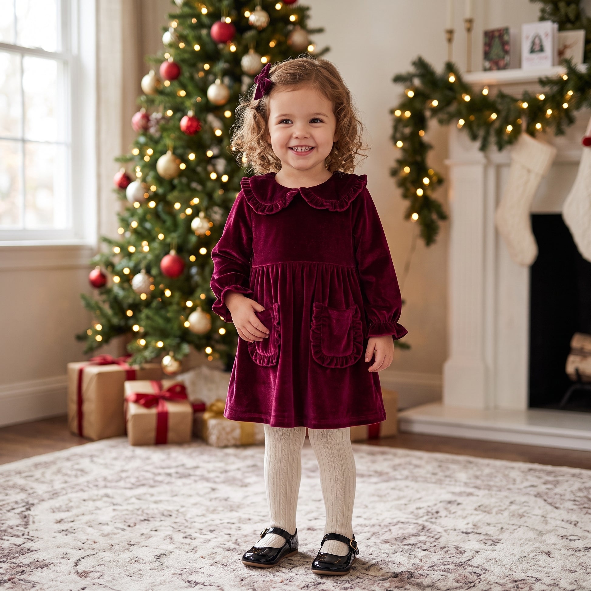Toddler girl standing in front of a Christmas tree wearing a wine red velvet A-line holiday dress with white tights.