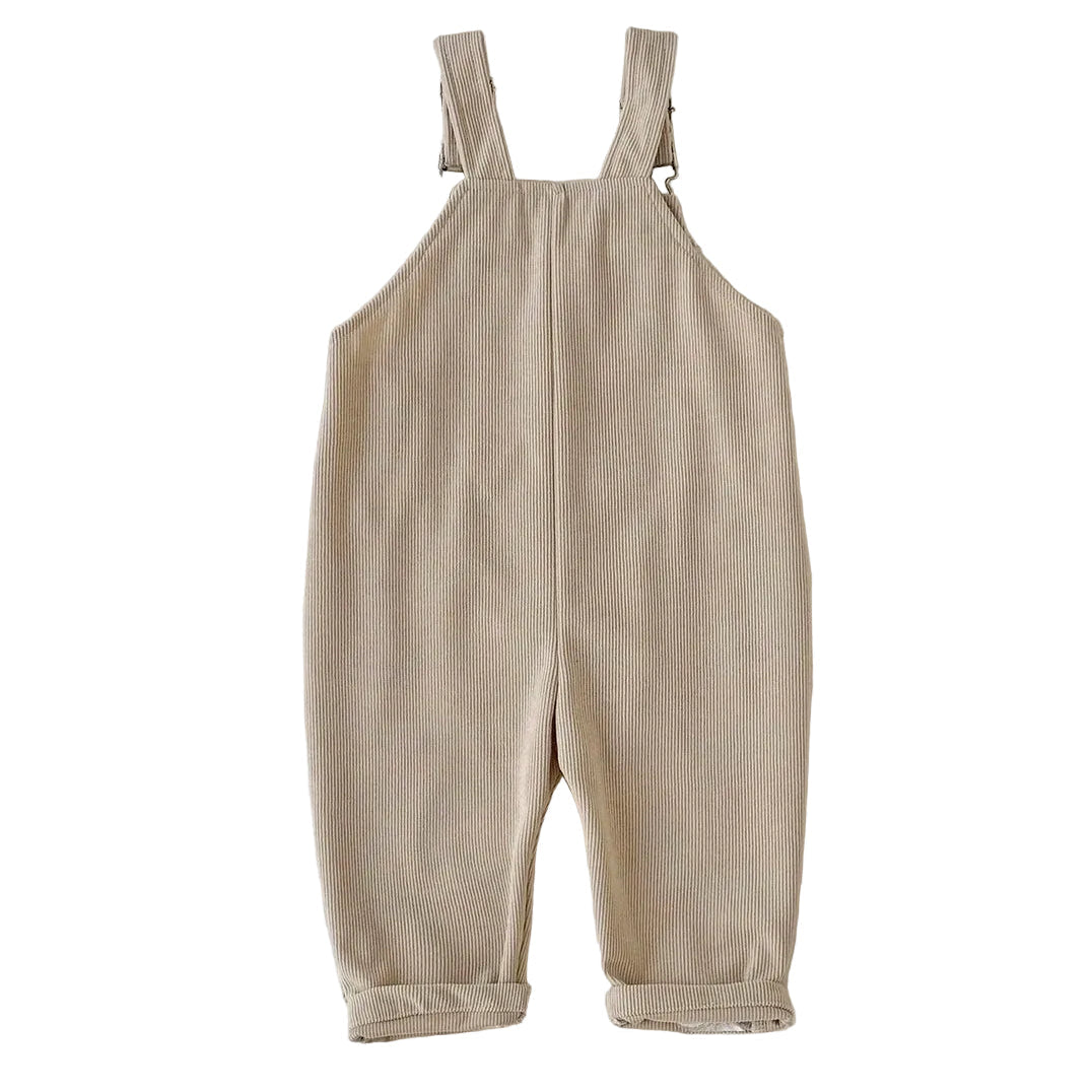 Back view of the baby and toddler girls corduroy overalls in a solid Oatmeal Beige color.