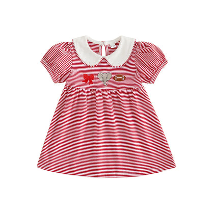 Front view of the toddler girls crimson red striped game day dress featuring a white Peter Pan collar and elephant sports embroidery on a white background.