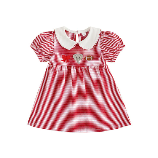 Front view of the toddler girls crimson red striped game day dress featuring a white Peter Pan collar and elephant sports embroidery on a white background.
