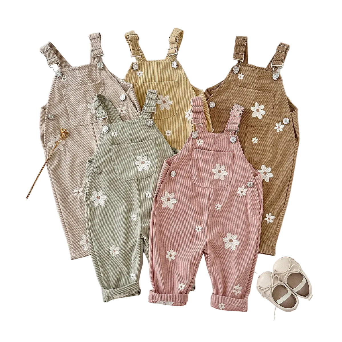 Five color variations of baby and toddler girls floral corduroy overalls including Oatmeal Beige, Harvest Gold, Sage Green, Dusty Rose, and Acorn Brown.
