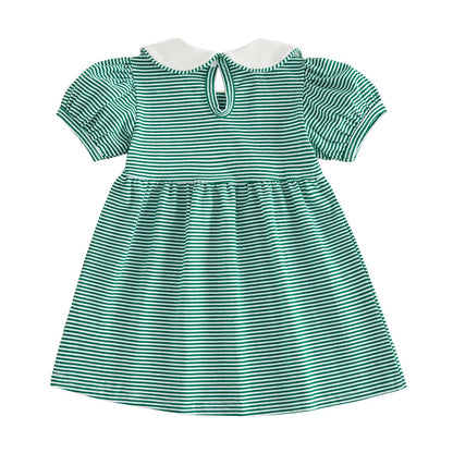 Full back view of the green striped game day dress showing the A-line silhouette and white collar on a white background.