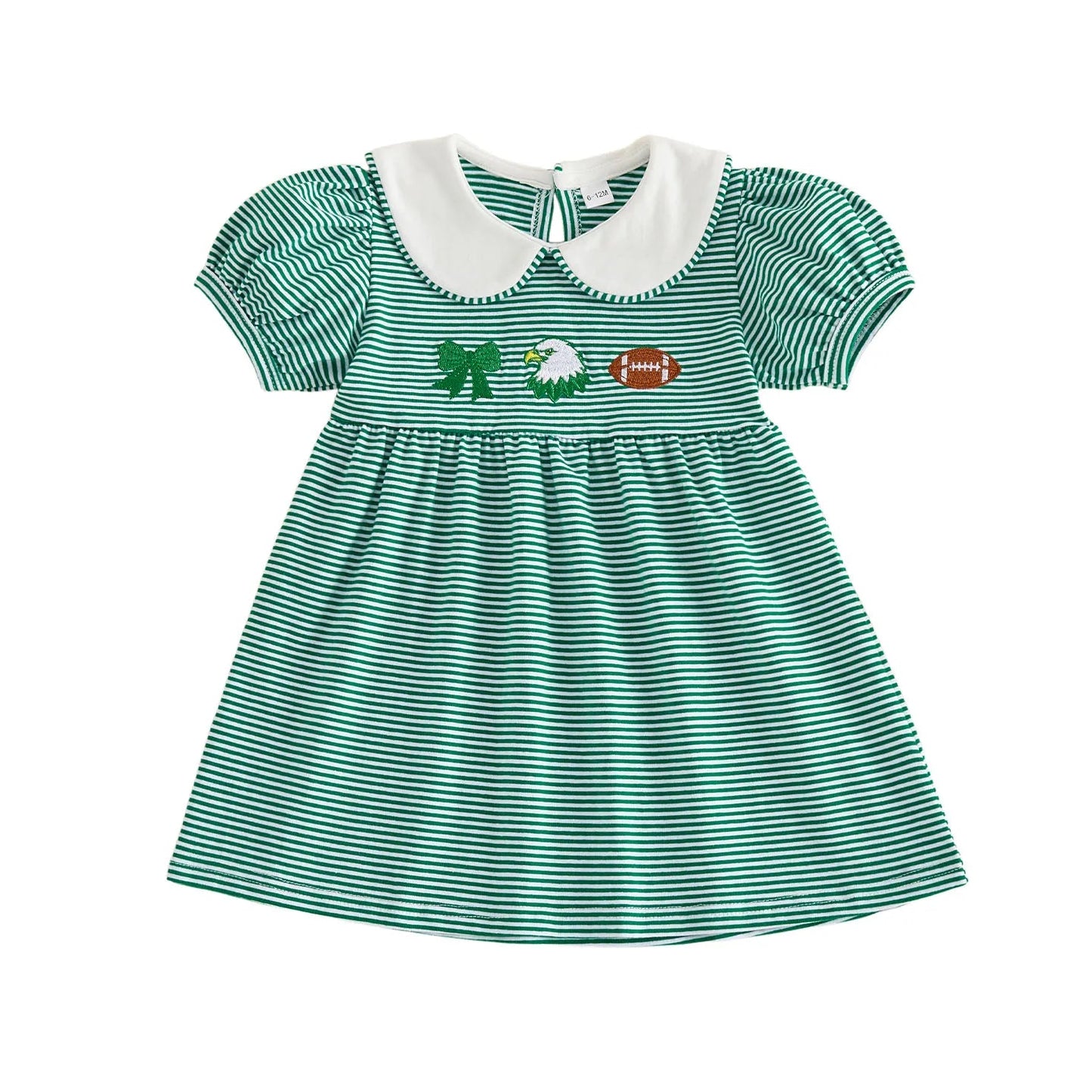 Back view of the toddler girls green striped game day dress, showing the classic white collar and keyhole button closure on a white background.