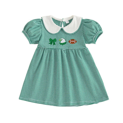 Back view of the toddler girls green striped game day dress, showing the classic white collar and keyhole button closure on a white background.
