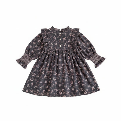 Back view of toddler girls grey floral smocked long sleeve dress showing back neck button closure.