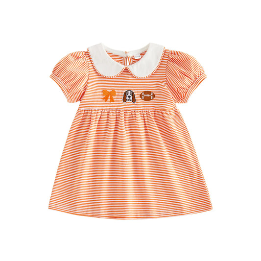 Front view of the toddler girls orange and white striped game day dress featuring a white Peter Pan collar and chest embroidery of an orange bow, hound dog mascot, and a football on a white background.