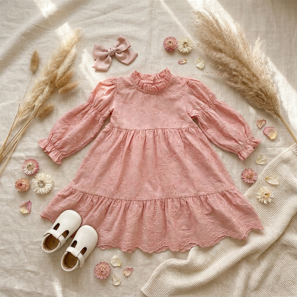 Styled flat lay of a toddler and girls pink floral embroidered tiered dress, arranged with white T-strap sh