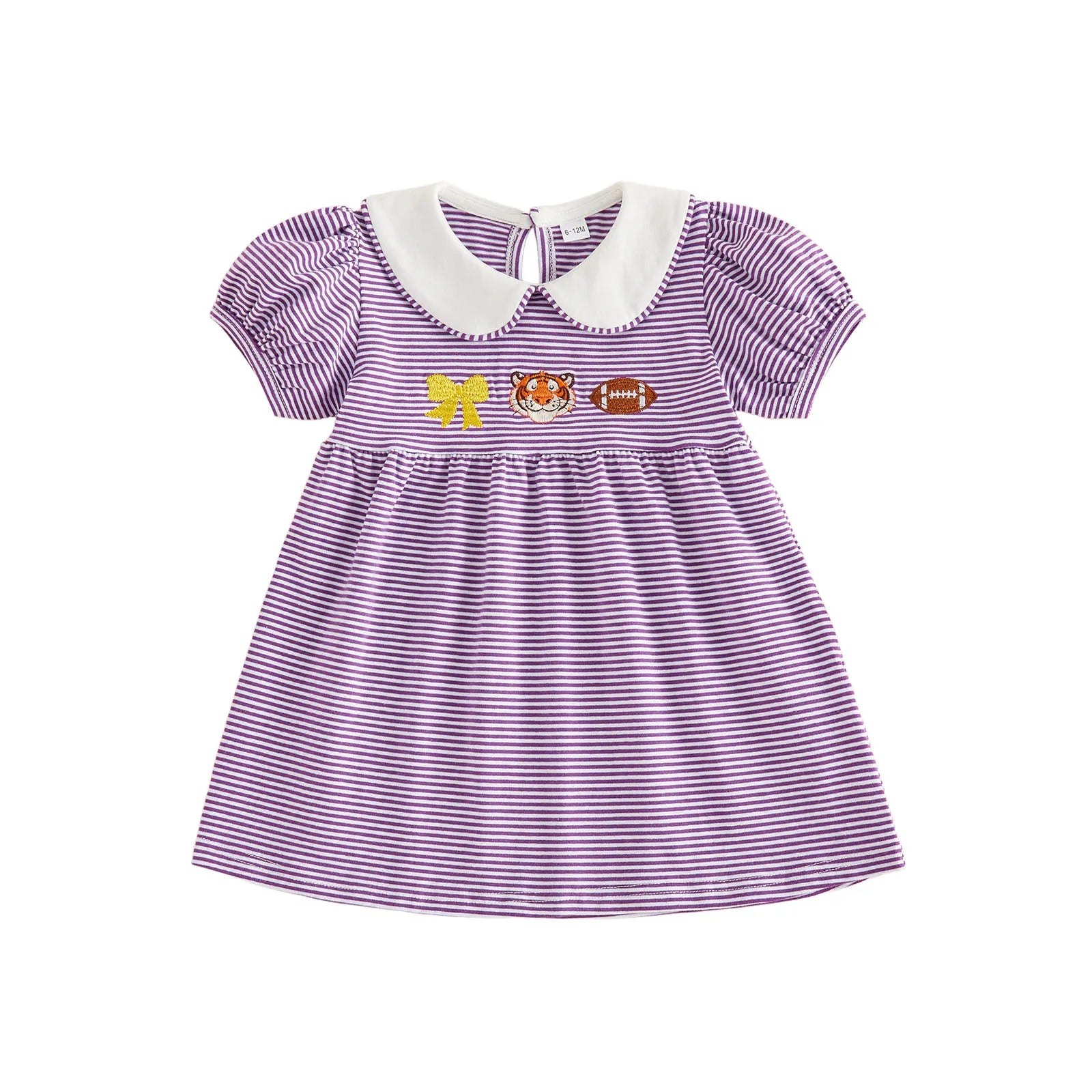 Front view of the toddler girls purple and white striped game day dress featuring a white Peter Pan collar and chest embroidery of a gold bow, tiger mascot, and a football on a white background.