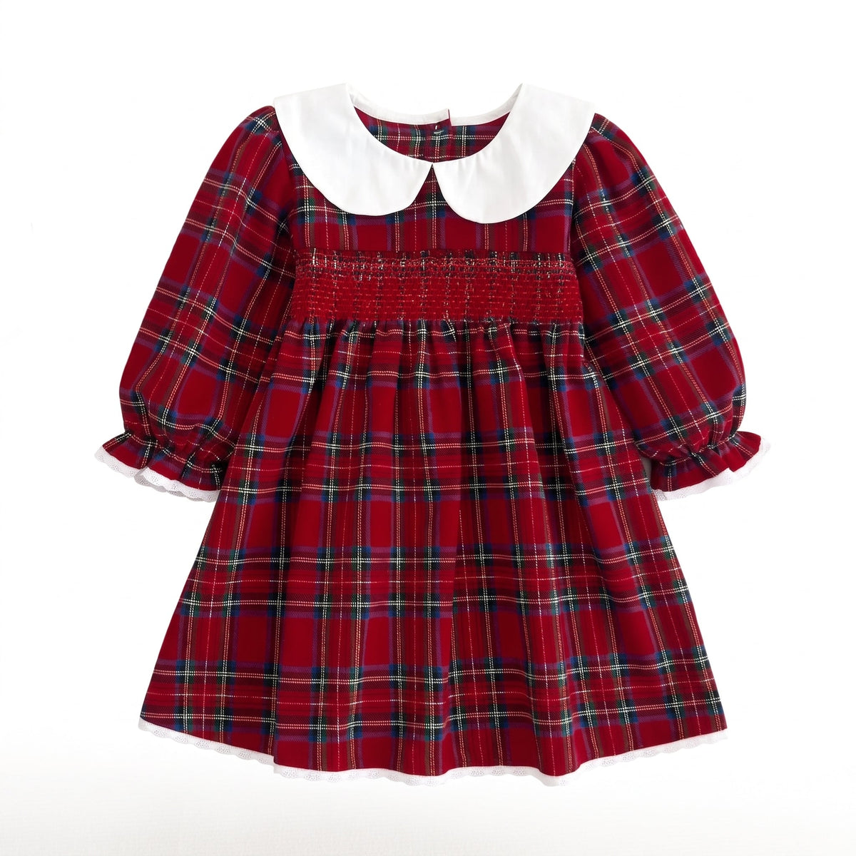 Toddler and girls red plaid Christmas dress with smocked chest detail and white Peter Pan collar