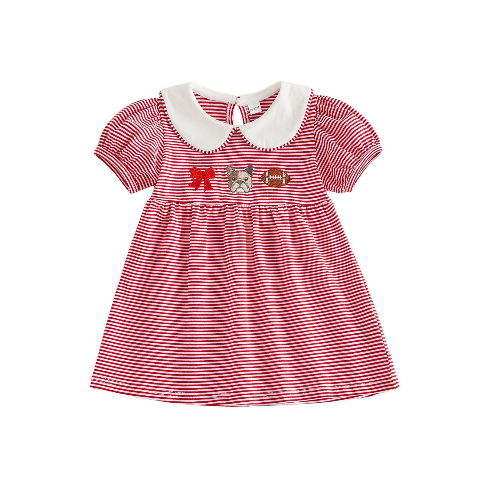 Front view of the toddler girls red and white striped game day dress featuring a classic white Peter Pan collar, short puffed sleeves, and chest embroidery of a red bow, bulldog mascot, and a football on a white background.
