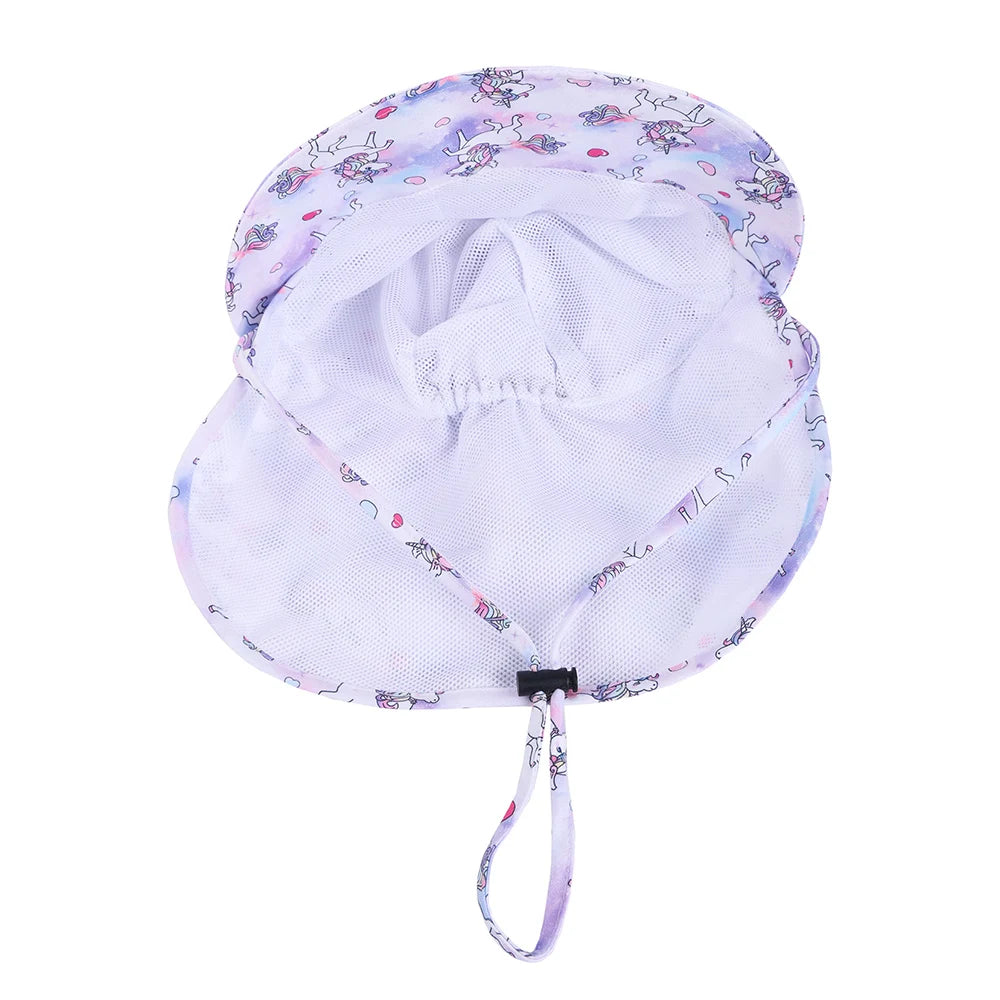 Underside view of a toddler sun hat showing the white breathable mesh interior lining and the adjustable toggle chin strap.