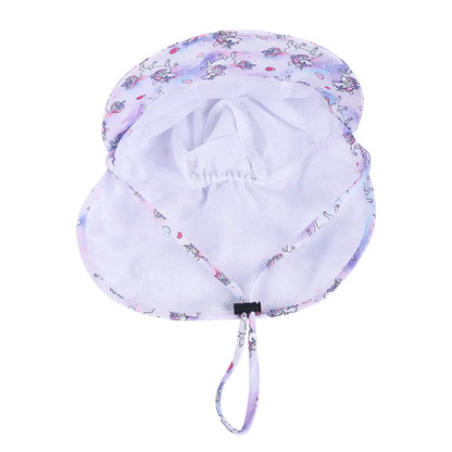 Underside view of a toddler sun hat showing the white breathable mesh interior lining and the adjustable toggle chin strap.