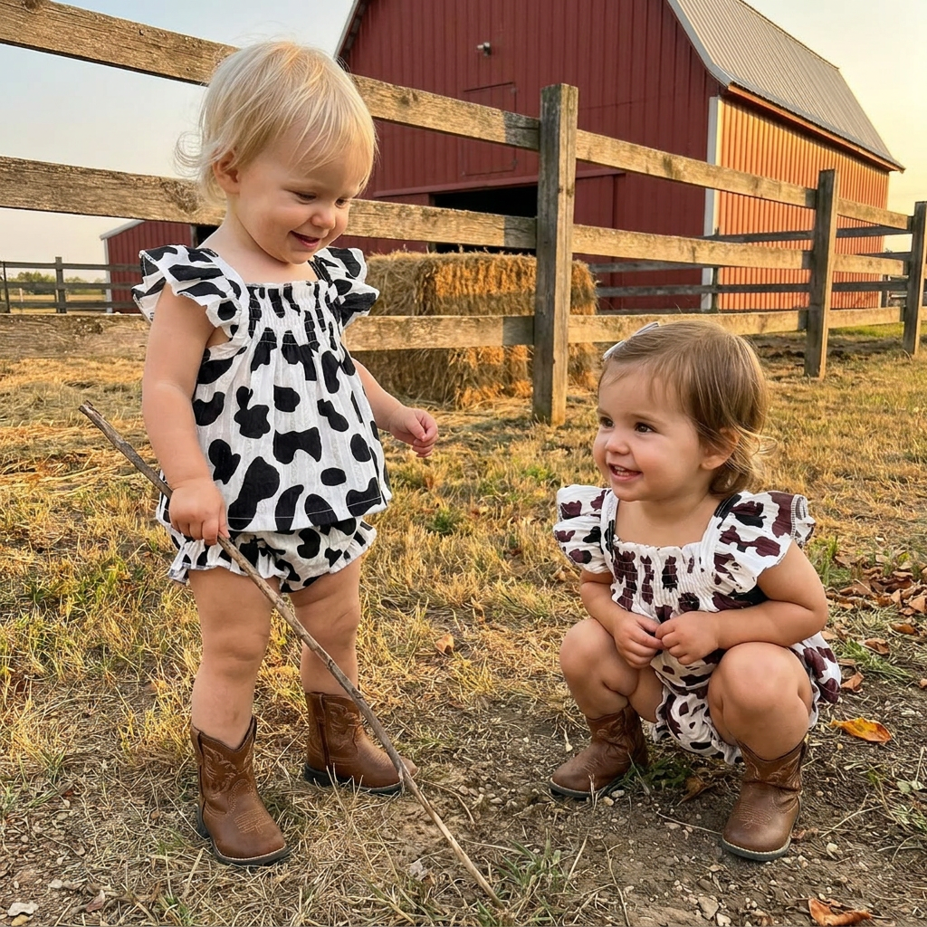 Two toddler girls wearing the black and white cow print summer outfit, standing and crouching near a red barn outdoors.