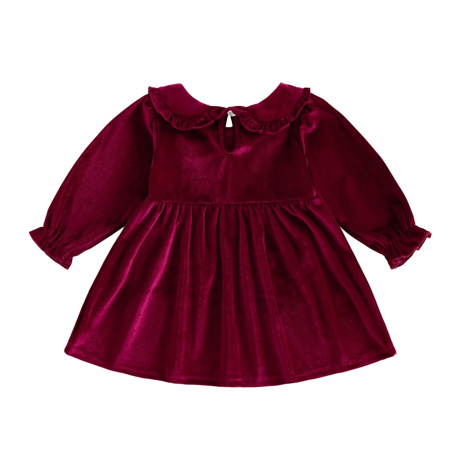 Back view of toddler girls wine red velvet Christmas dress showing keyhole button closure and long sleeves.