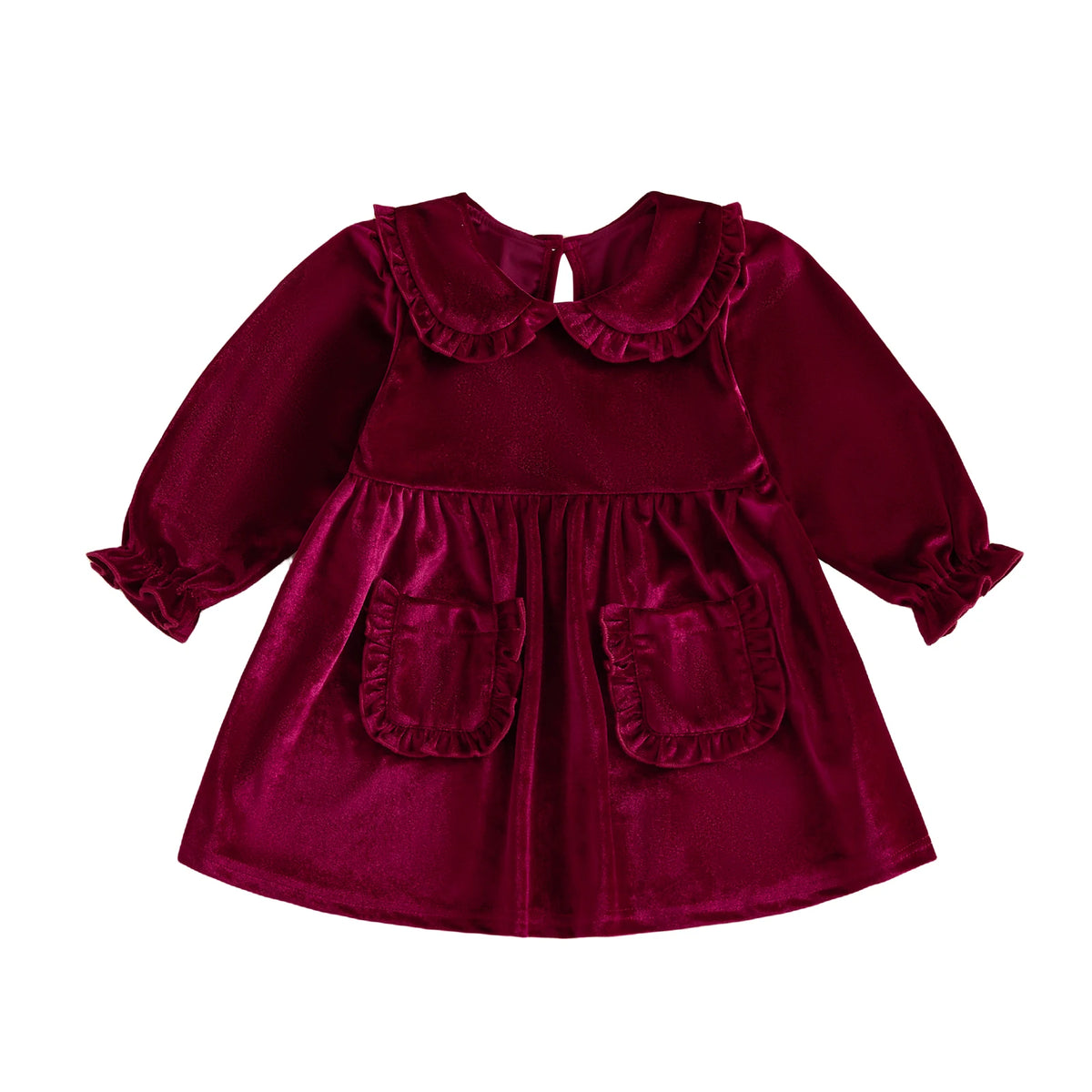 Toddler girls wine red velvet Christmas dress with Peter Pan collar and two front pockets flat lay on white background.