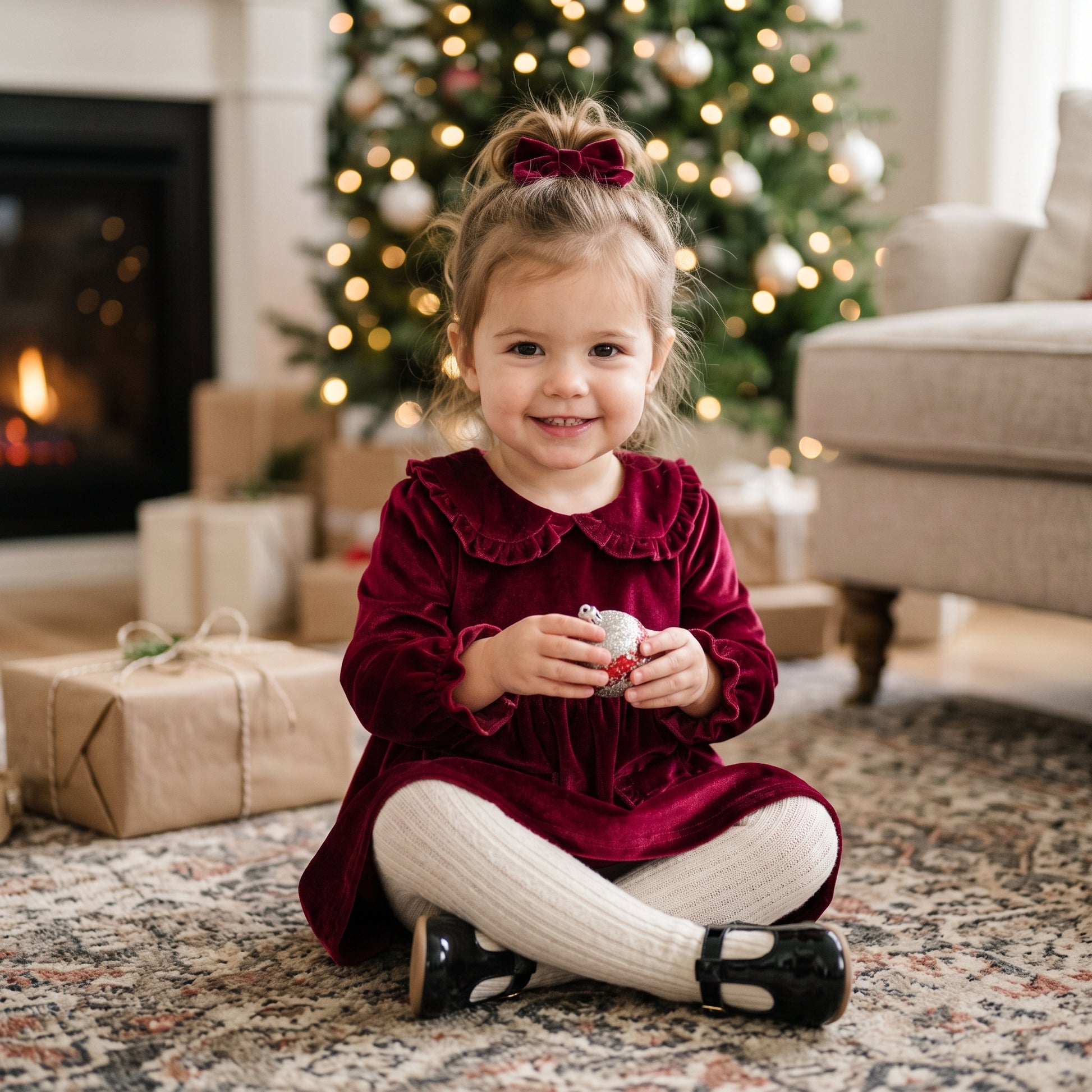 Toddler girl sitting near wrapped Christmas gifts wearing a wine red long sleeve velvet holiday dress and matching hair bow.