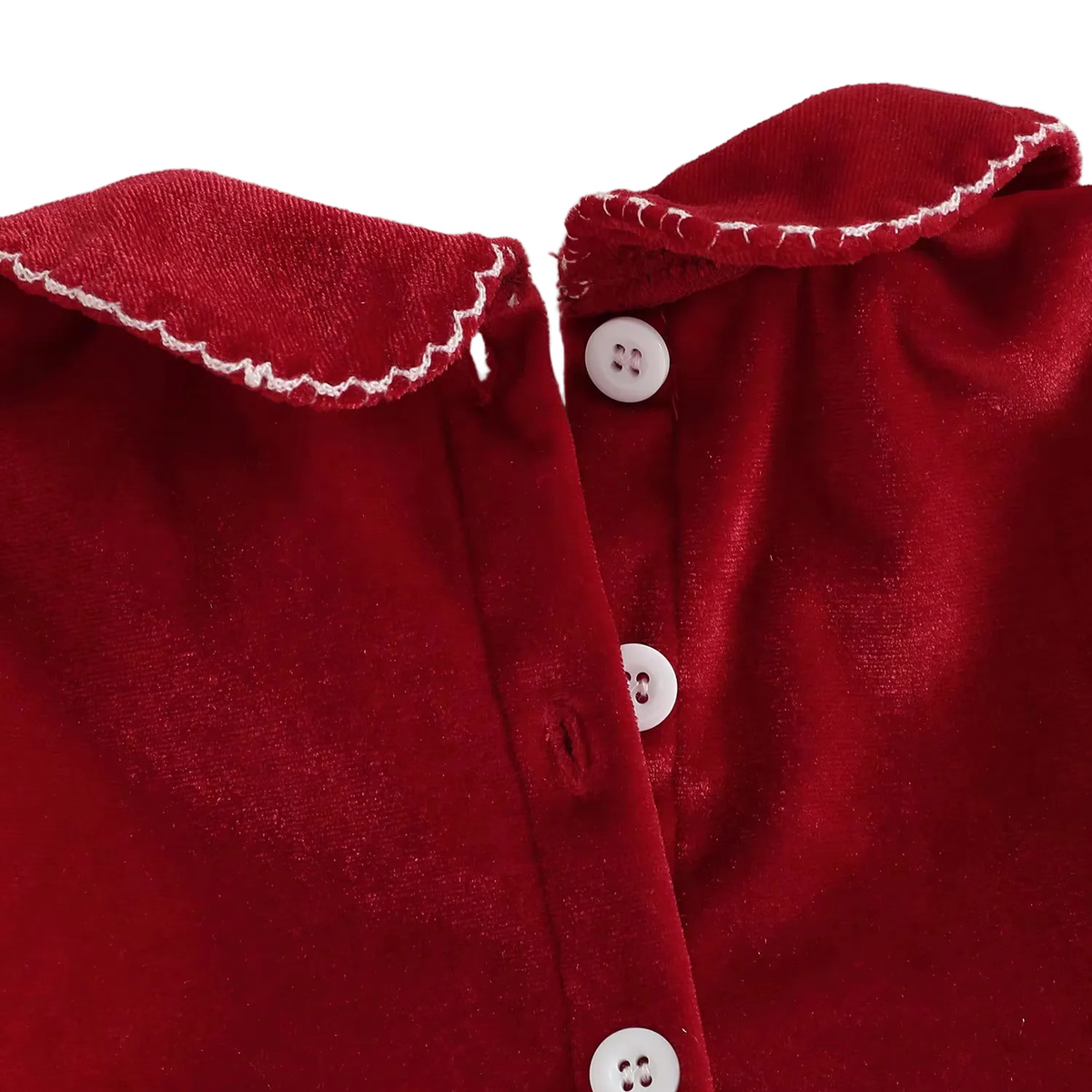 Close-up of the back neckline of the dress showing white button closures below the collar