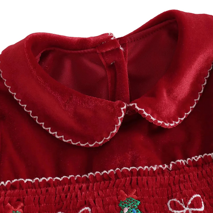 Close-up of the Peter Pan collar with white stitching trim on the front of a red holiday dress.
